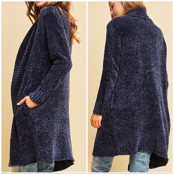 Softest Chenille long cardigan in Navy - Picture 4 of 5